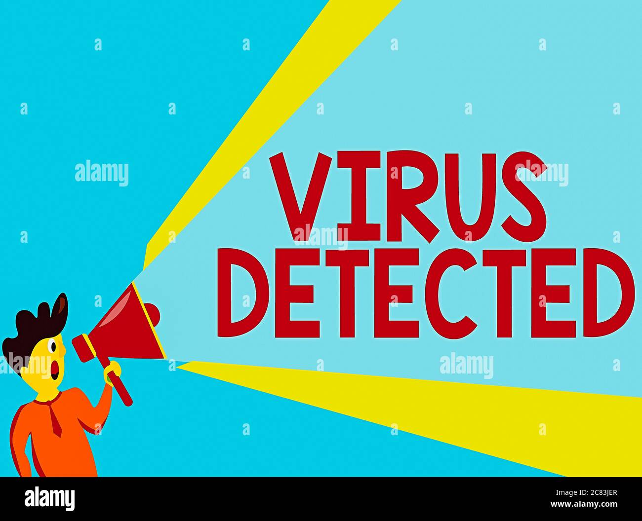 Word writing text Virus Detected. Business photo showcasing a computer program used to prevent and remove malware Man Standing Talking Holding Megapho Stock Photo