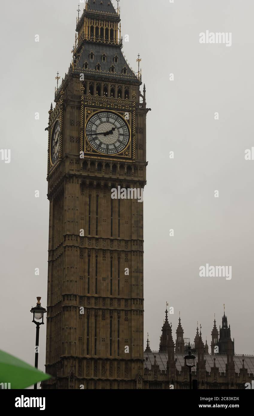 London England, UK. May 07 2020. Rainy streets. Elizabeth Tower. Big Ben Stock Photo