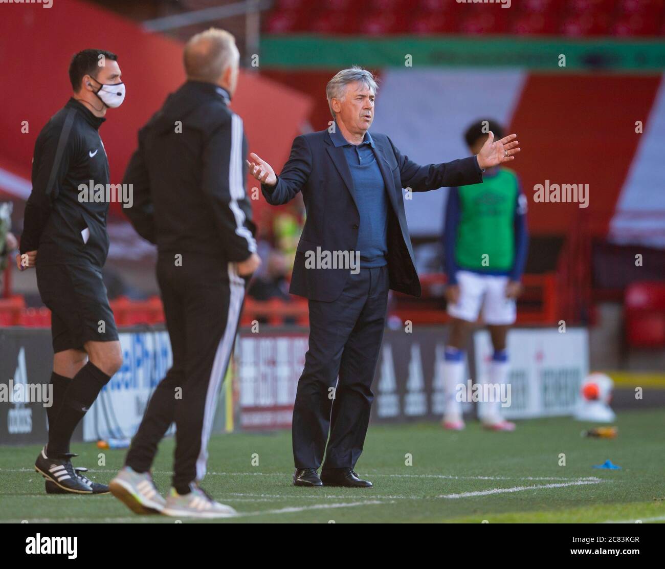 Sheffield. 20th July, 2020. Everton's manager Carlo Ancelotti (R) is seen during the English Premier League match between Sheffield United FC and Everton FC in Sheffield, Britain on July 20, 2020. Credit: Xinhua/Alamy Live News Stock Photo