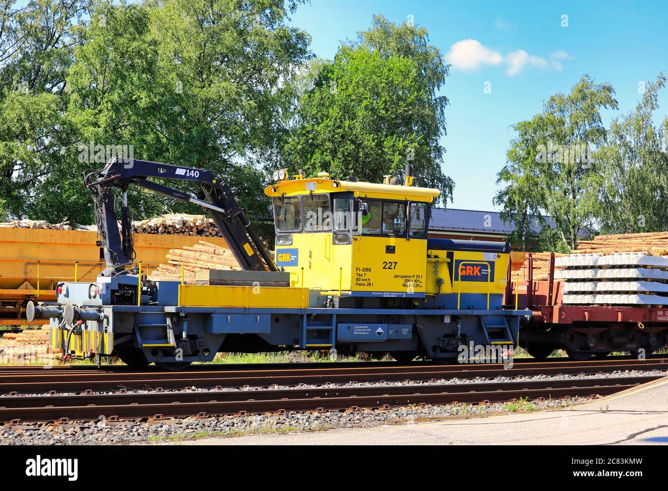 Yellow Tka7 on-track-machine no 227. 80 Tka7 were manufactured by Valmet in 1977-93, numbered 168–247. Salo Railway Station, Finland. July 18, 2020. Stock Photo