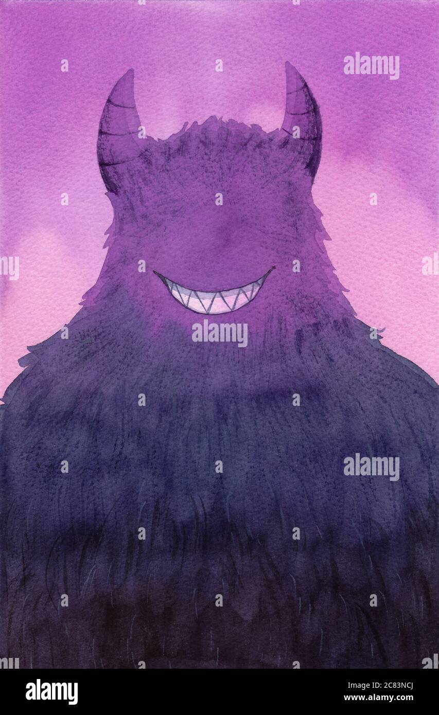 a purple devil monster, hand drawn watercolor illustration. Stock Photo