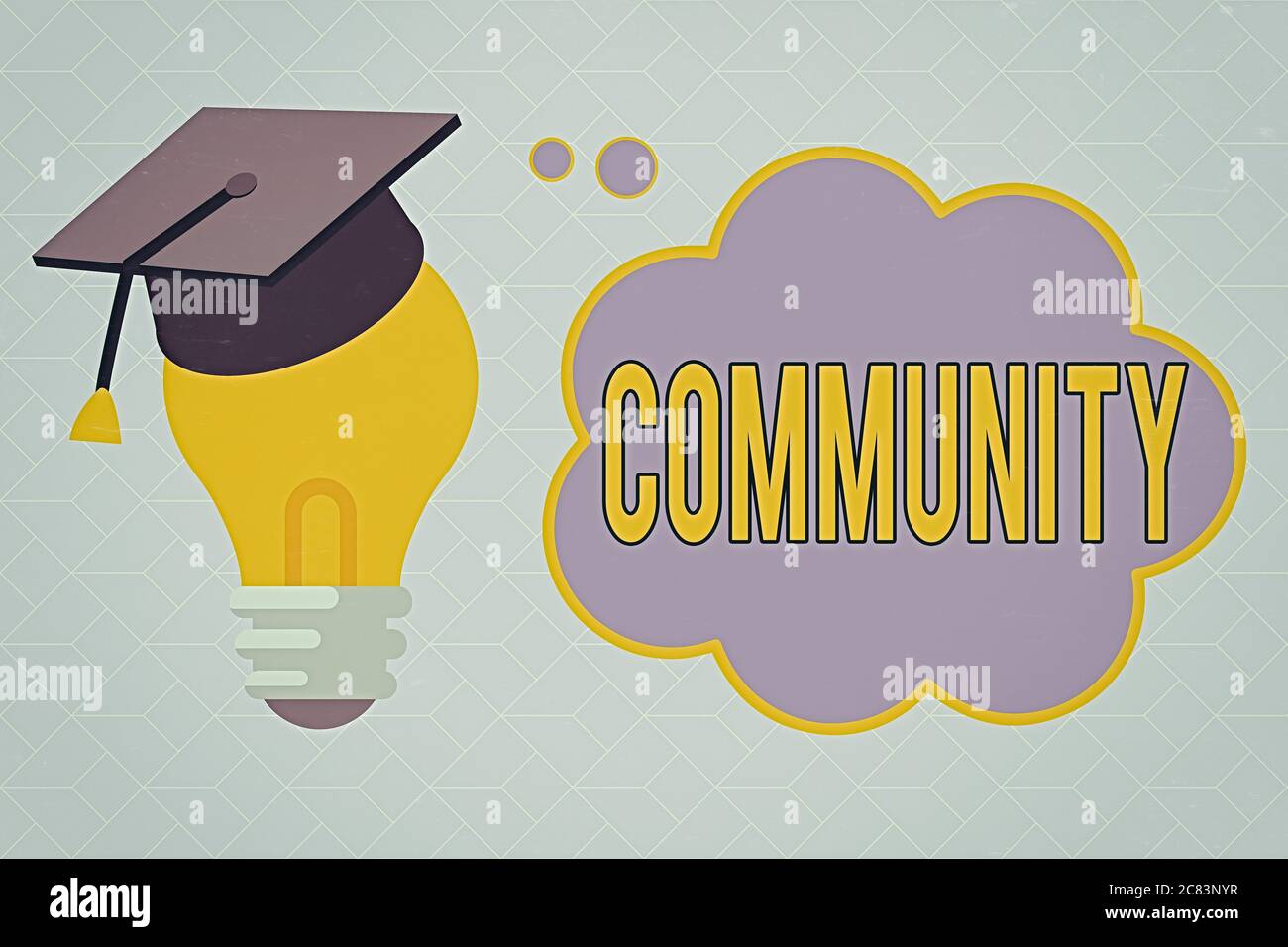 Text sign showing Community. Business photo text group of showing living in one place having a characteristic in common 3D Graduation Cap Thinking Res Stock Photo