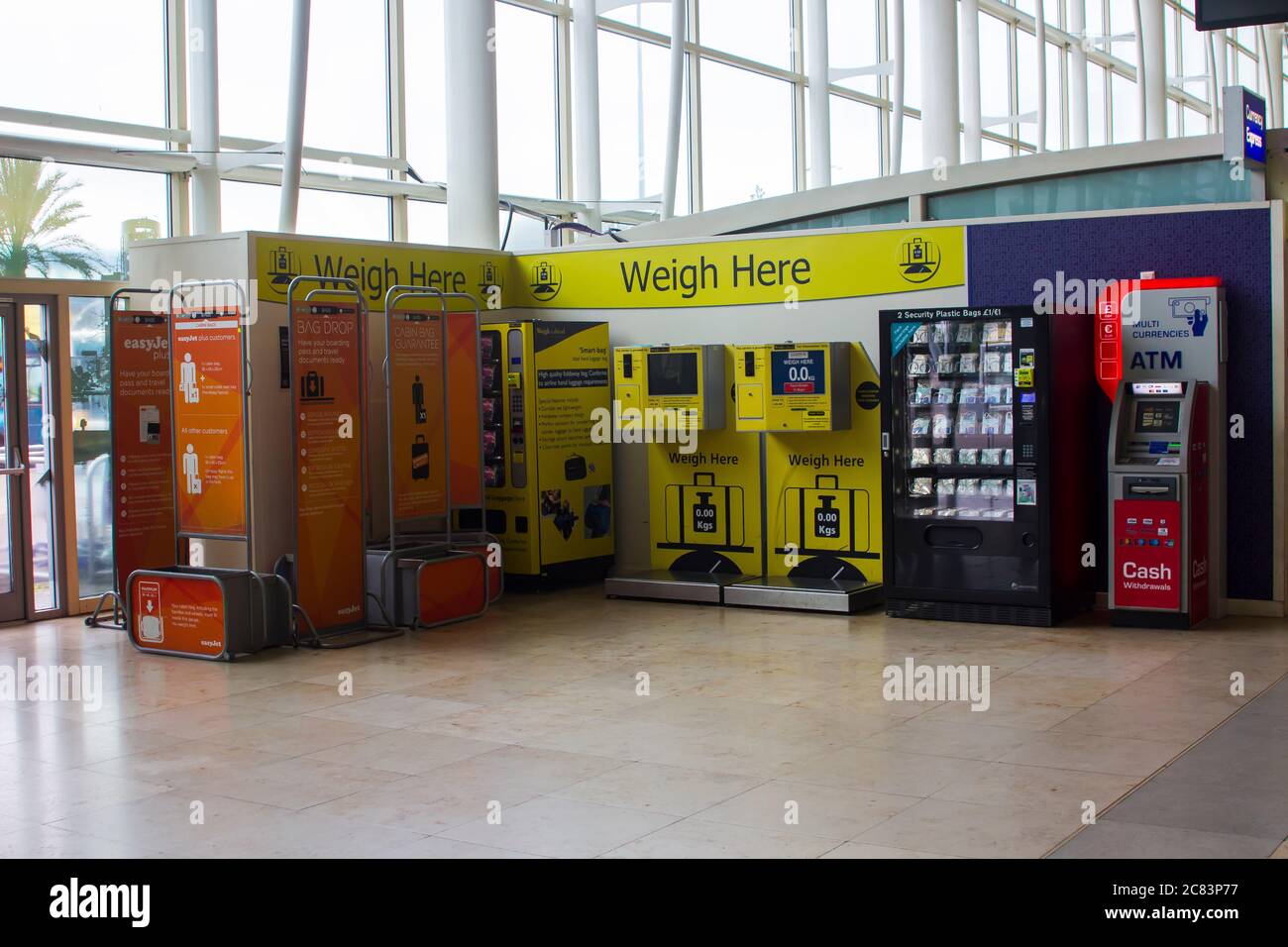 8 July 2020 The empty self weigh in machines in the terminal building at the Liverpool John Lennon Airport, England, during the Corona Virus Crisis Stock Photo