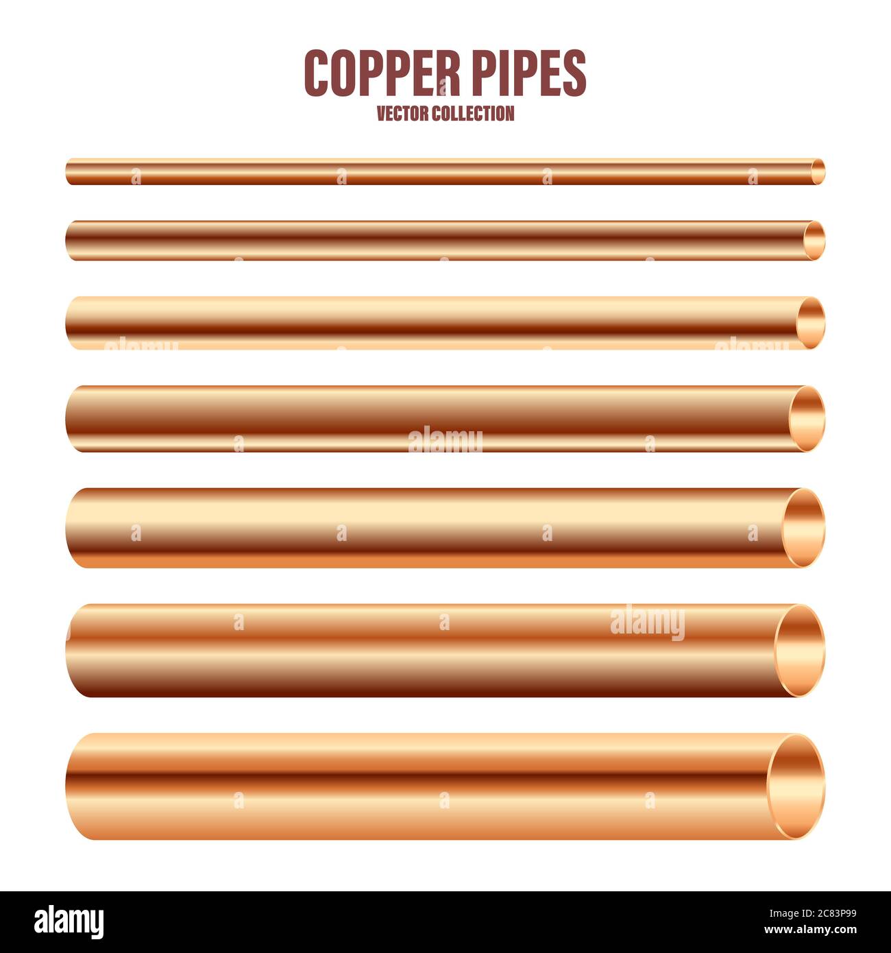 Copper pipes collection. Construction material. Polished metal texture