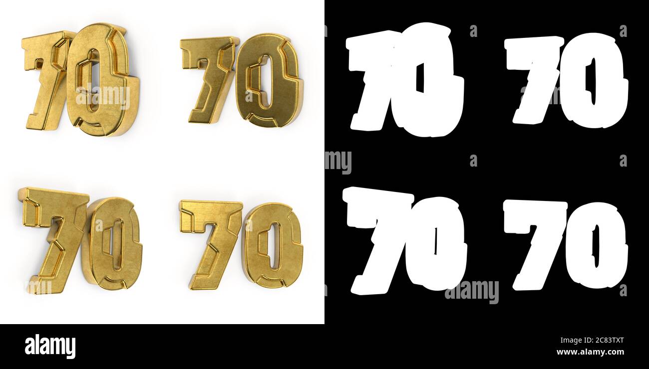 Set of golden number 70 (number seventy) left side view and right side ...