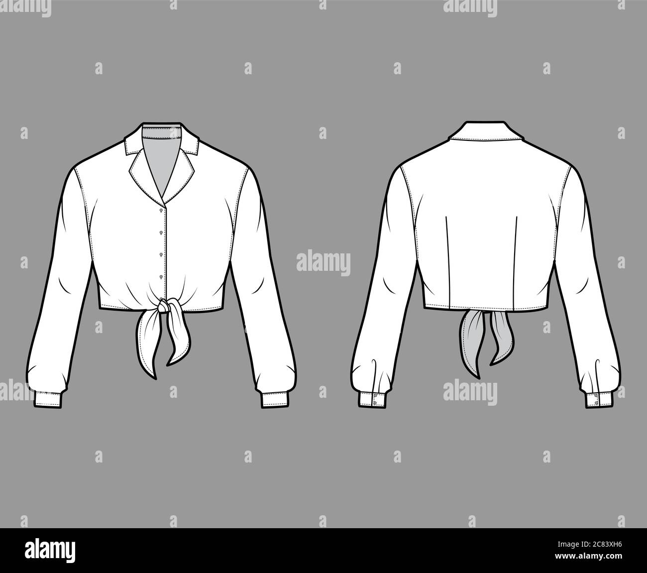 Cropped tie-front shirt technical fashion illustration with notched ...