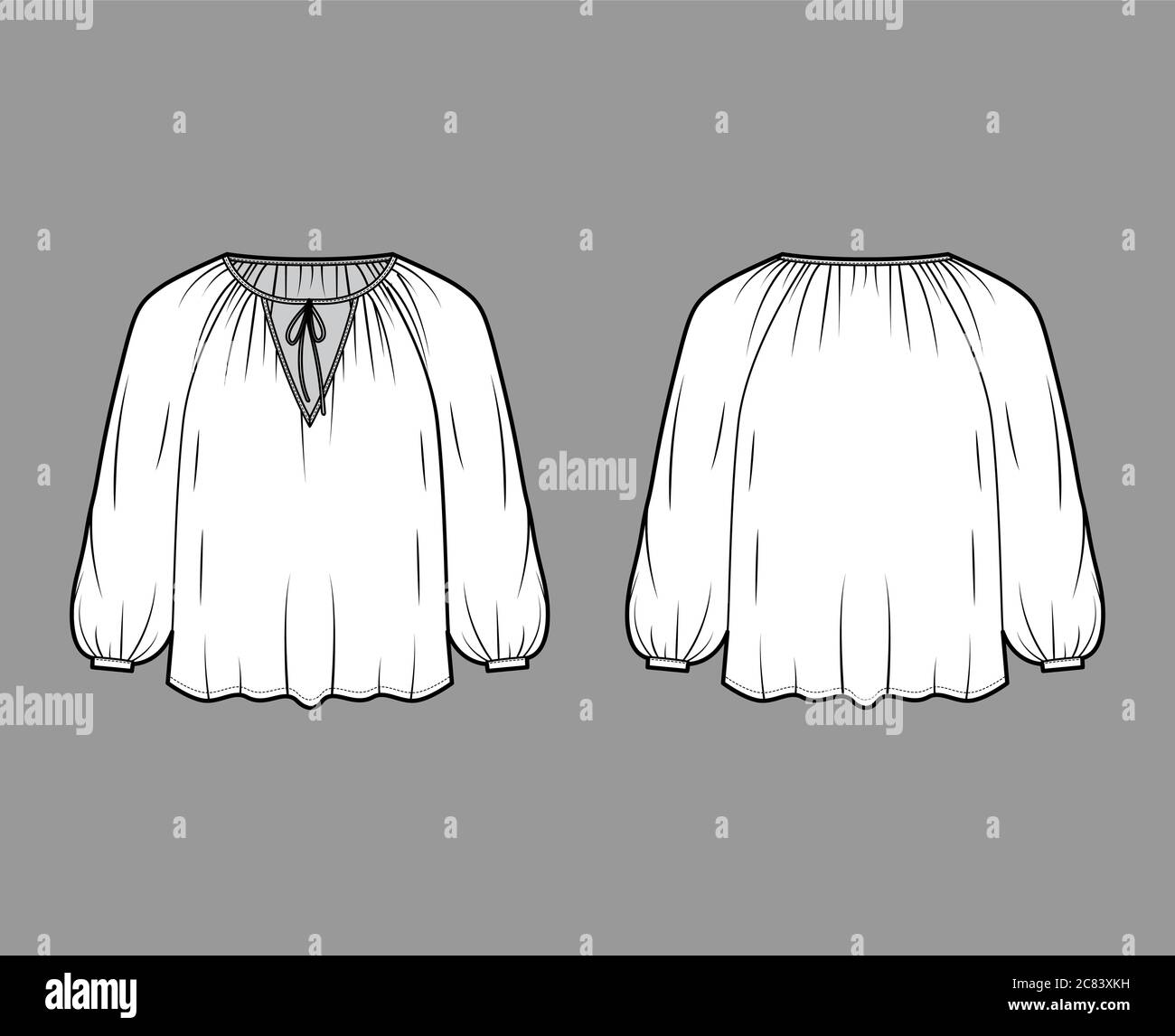 Tie softly gathered neckline blouse technical fashion illustration with loose shape, long sleeves, drapes fluidly. Flat shirt apparel template front, back, white color. Women, men unisex top CAD  Stock Vector