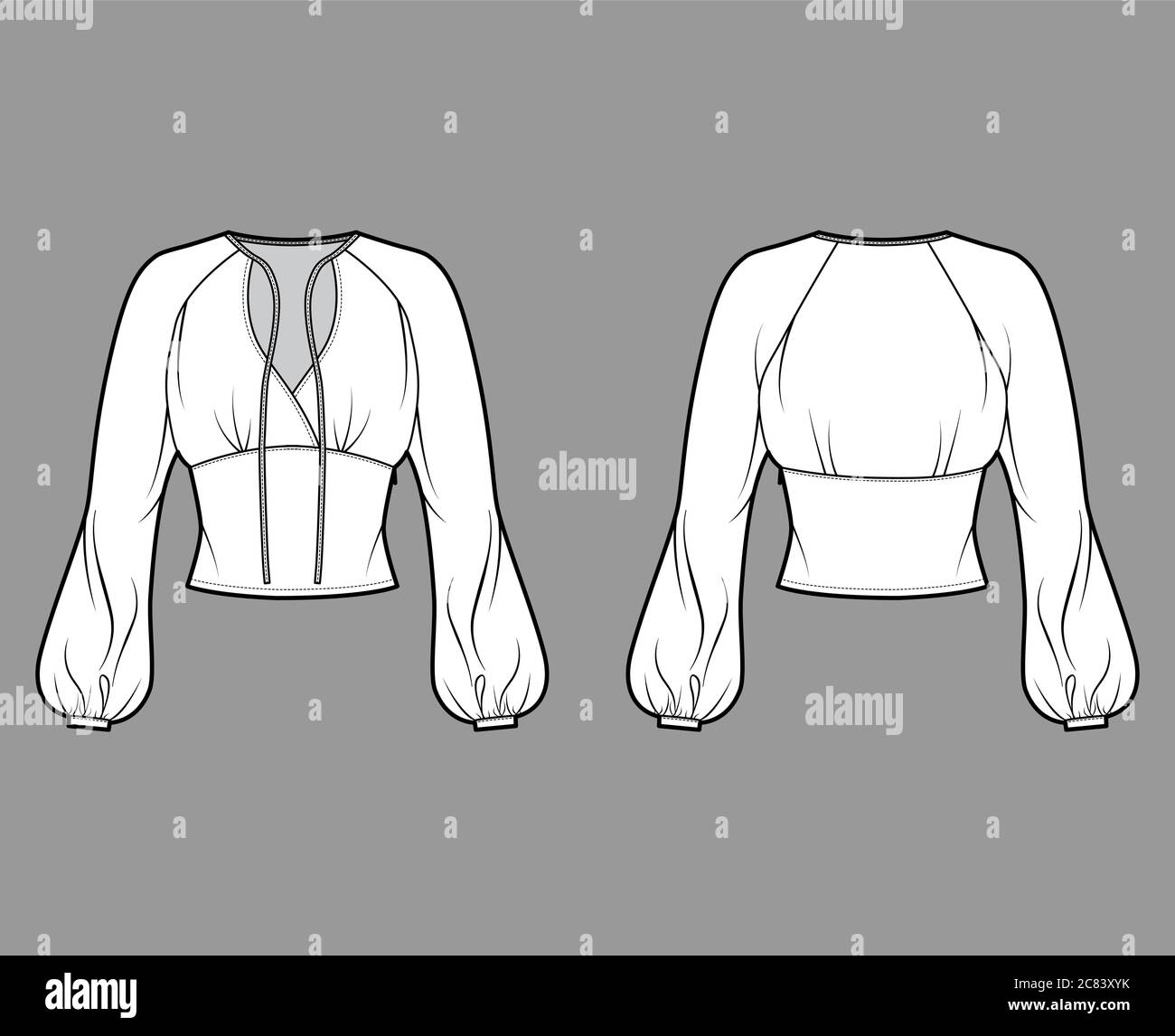 Blouse technical fashion illustration with long bishop sleeves, surplice neckline ties at front, fitted body. Flat apparel shirt template front back white color. Women men, unisex top CAD mockup Stock Vector