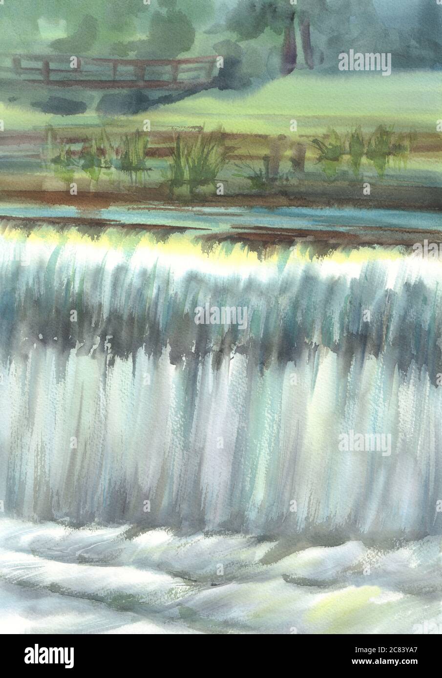 Landscape with a waterfall in summer watercolor background Stock Photo