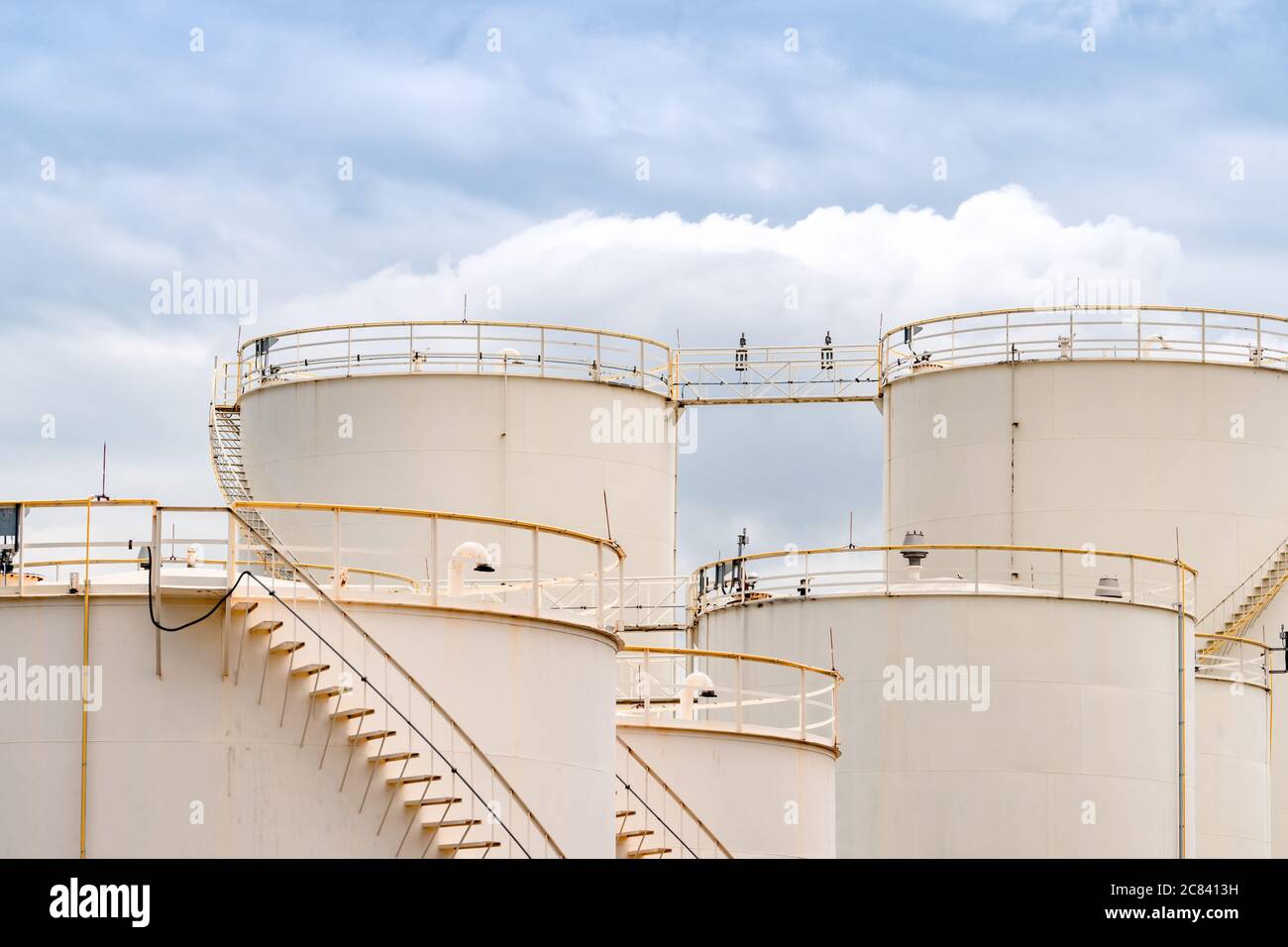 Closeup fuel storage tank in petroleum refinery. White big tank of oil