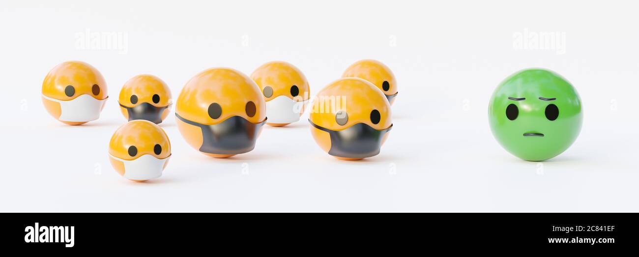 Yellow and face shape emoticons, showing the importance of wearing mask because of Covid 19. Social distancing concept.3d rendering Stock Photo