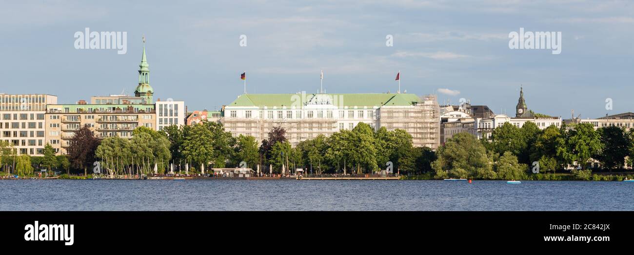 Panorama with Hotel Atlantic in the middle. A popular and famous hotel located at the Außenalster (Outer Alster Lake). Stock Photo