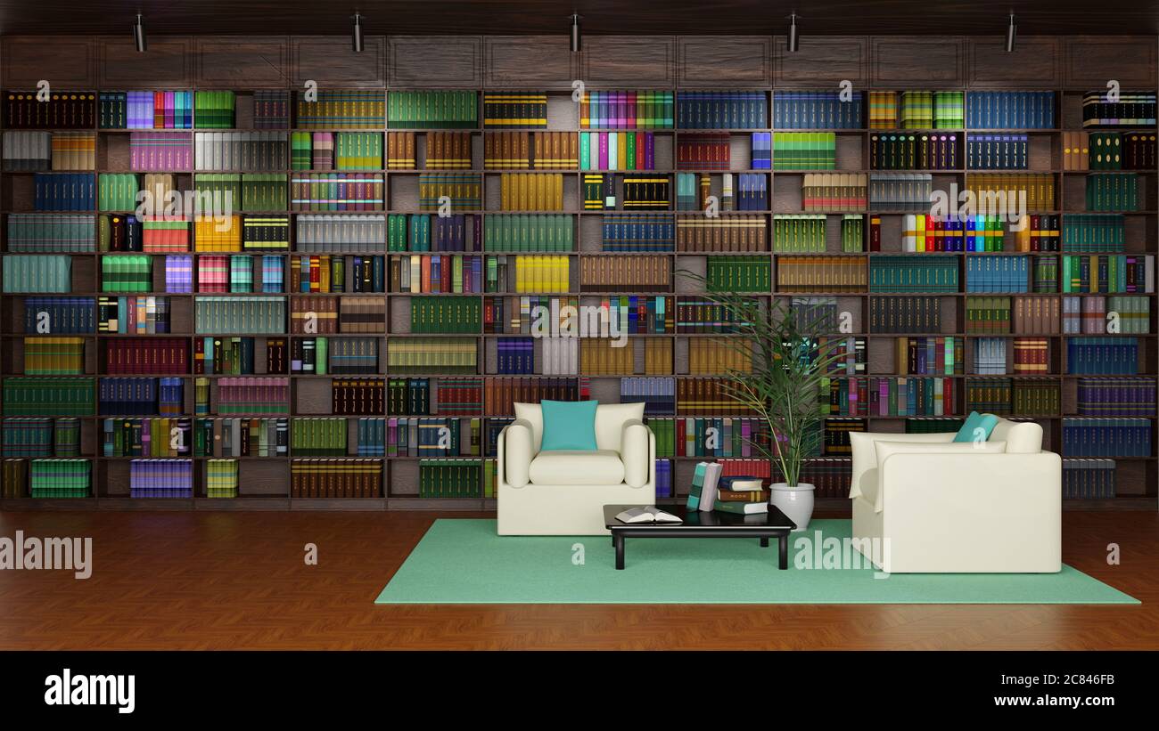 3D illustration. Large bookcase inserted in an elegant living room ...