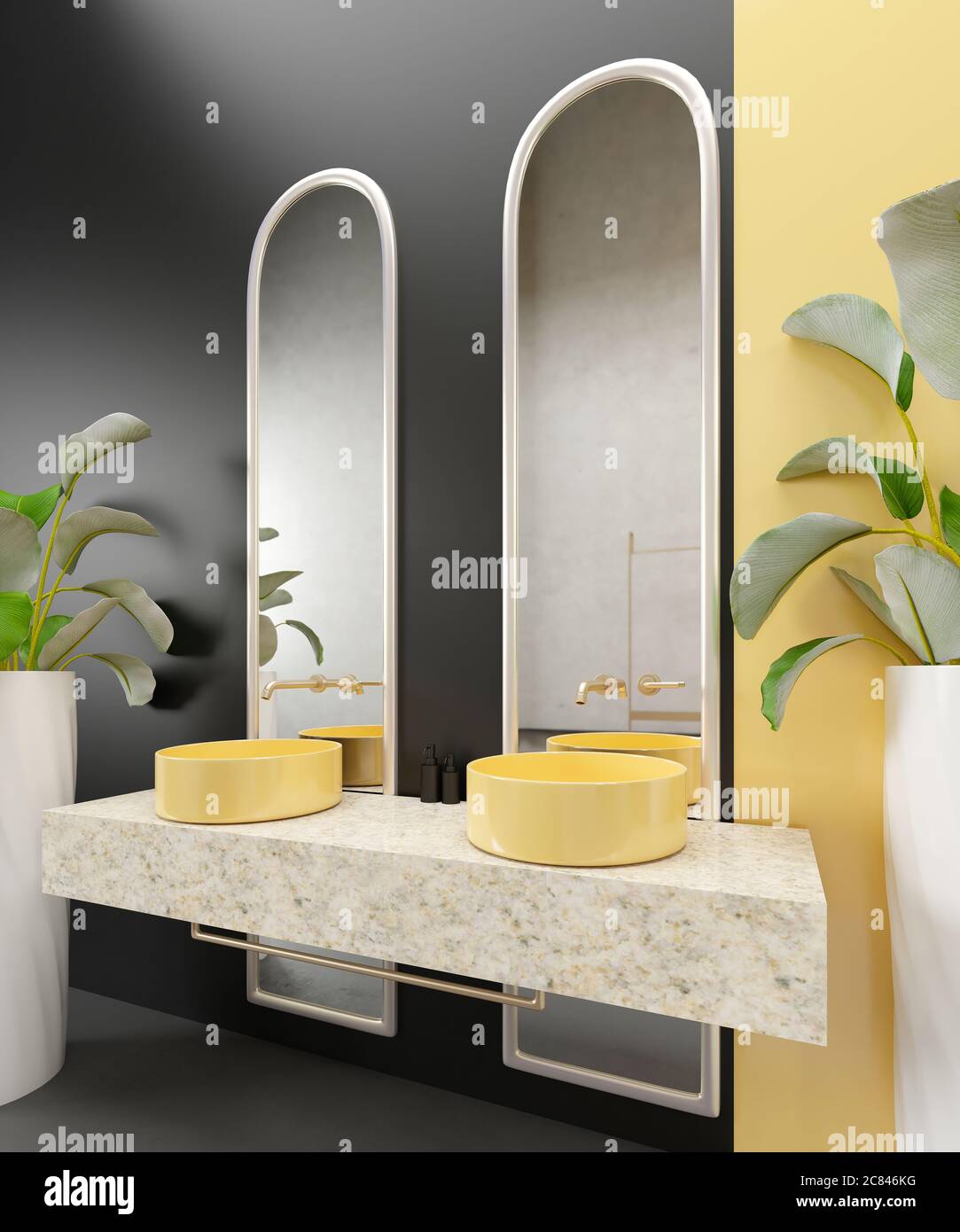 Interior bathroom design, luxurious modern and elegant bathroom, elegant  double yellow sink with mirror in yellow and black wall with tropic plants,  n Stock Photo - Alamy, image size:1083x1390