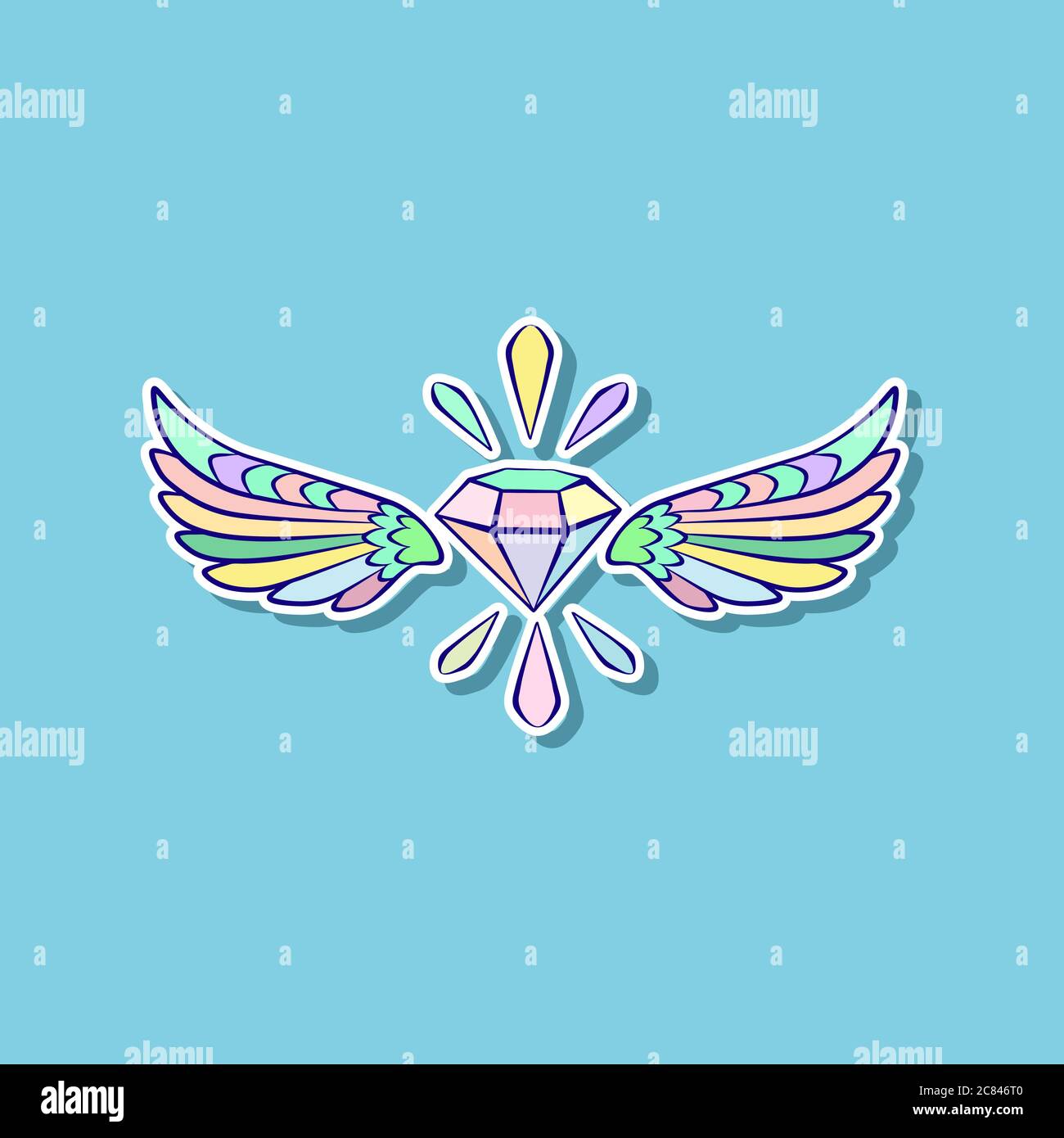 Diamond with wings. Youth design element, color image isolated from background. Stock Vector