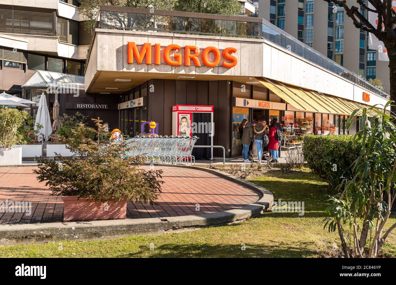 Lugano, Ticino, Switzerland - February 19, 2020: View of the MIGROS supermarket in Lugano, it is the largest supermarket chain in Switzerland. Stock Photo