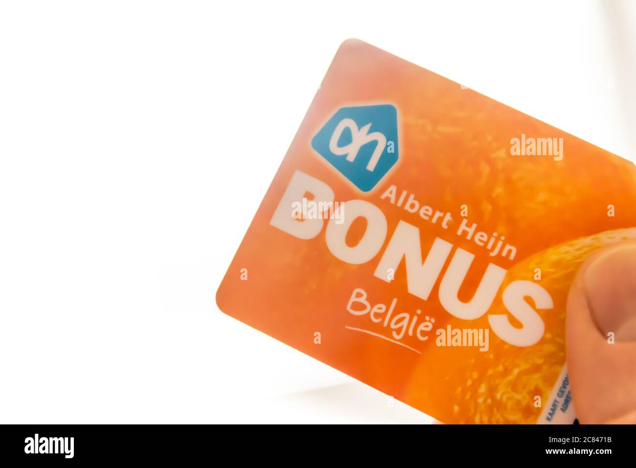 ANTWERP, BELGIUM - Dec 01, 2019: Illustrative Editorial: Albert Heijn (AH) bonus or loyalty card for collecting benefits, promotions and rewards in Be Stock Photo