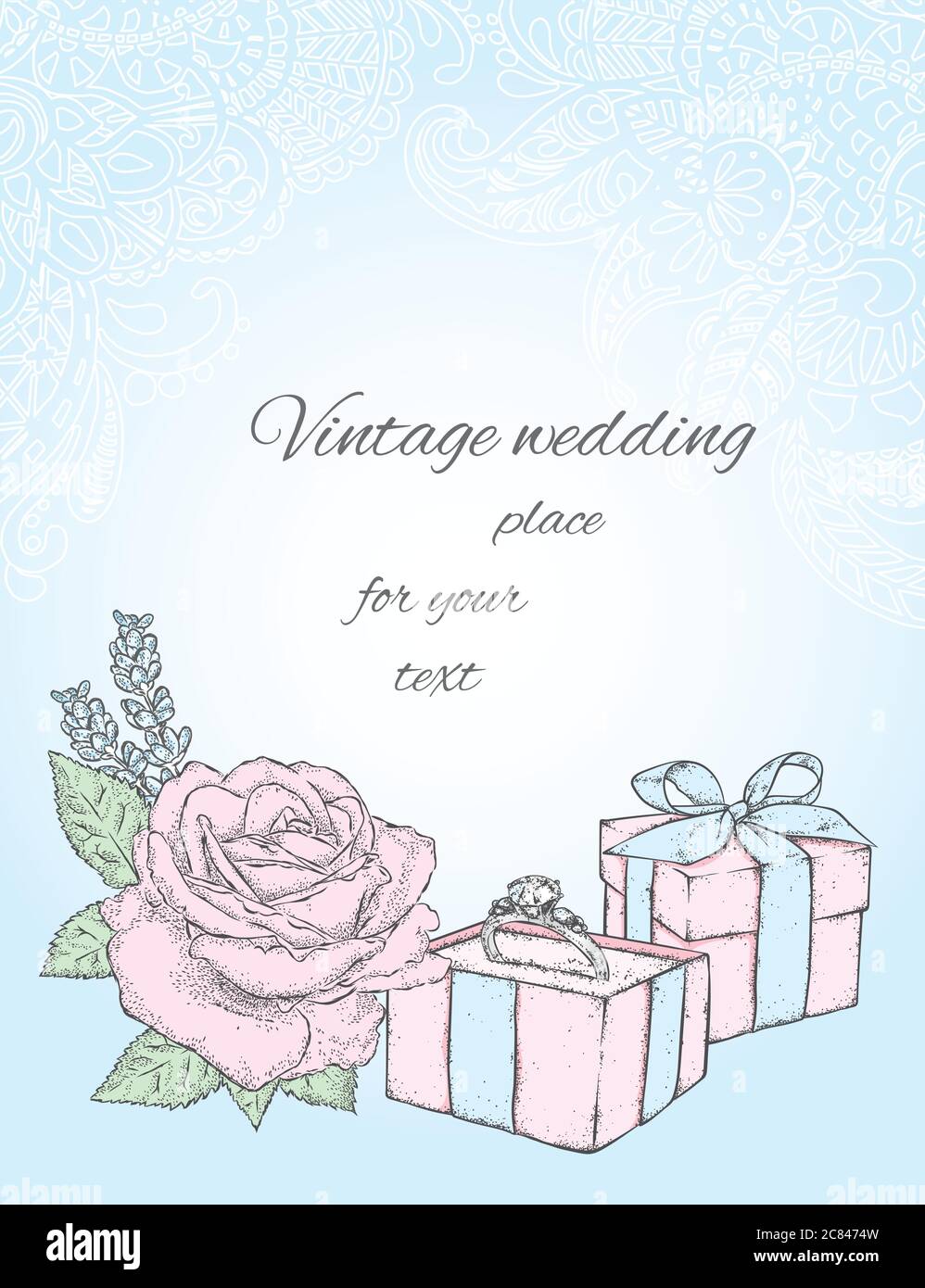 Wedding Rings Card Design A box with a ring and flowers on a background of patterns. A gentle ...