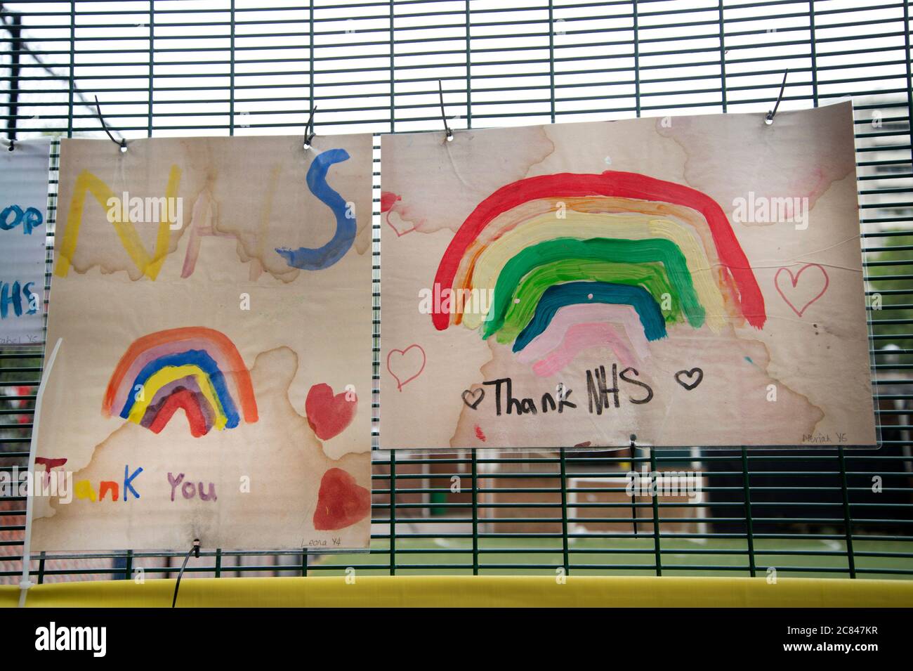 Old Street, London during the pandemic, July 2020. St Luke's Primary School. Rainbows painted by children to thank the NHS Stock Photo