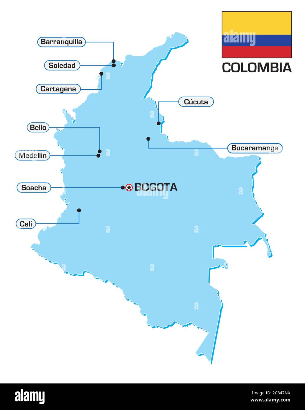 Vector map of Colombia with flag and main cities Stock Vector