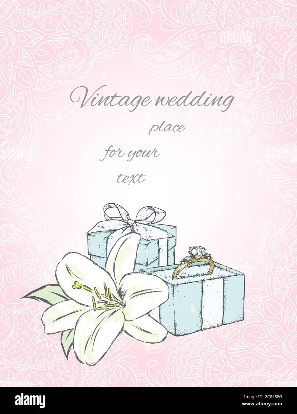 Wedding Rings Card Design A box with a ring and flowers on a background of patterns. A gentle ...