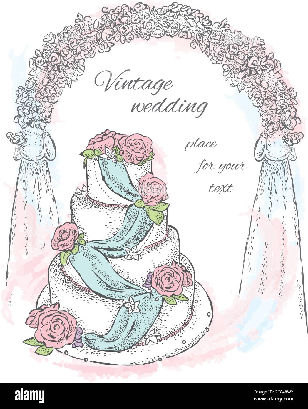 Beautiful wedding cake. Vector illustration for greeting cards and ...
