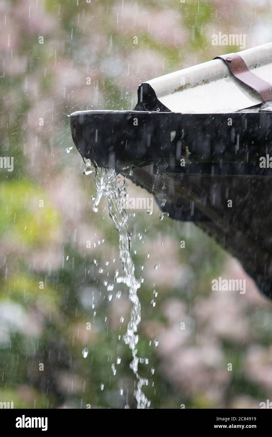 Guttering overflowing during heavy rainfall - UK Stock Photo