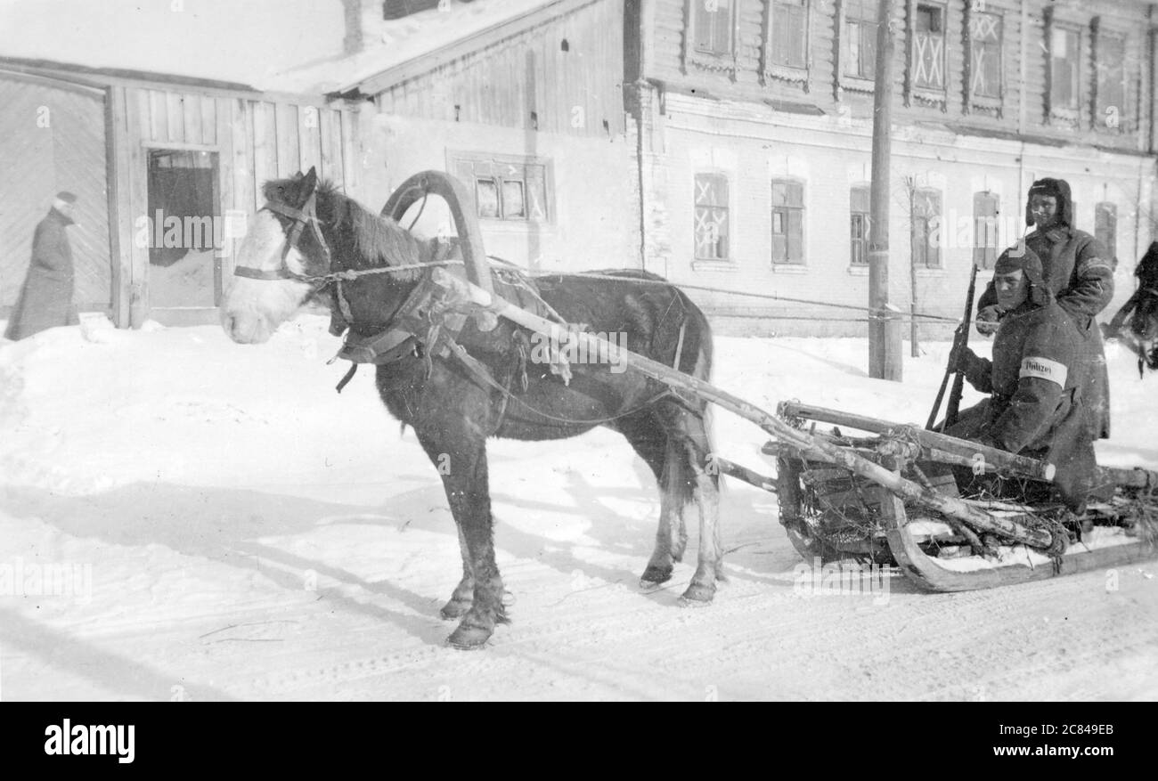 Military Police on horse sled in Smolensk  - Smolensk  Oblast, Russia - second world war - German Wehrmacht invade east front - barbarossa operation Stock Photo