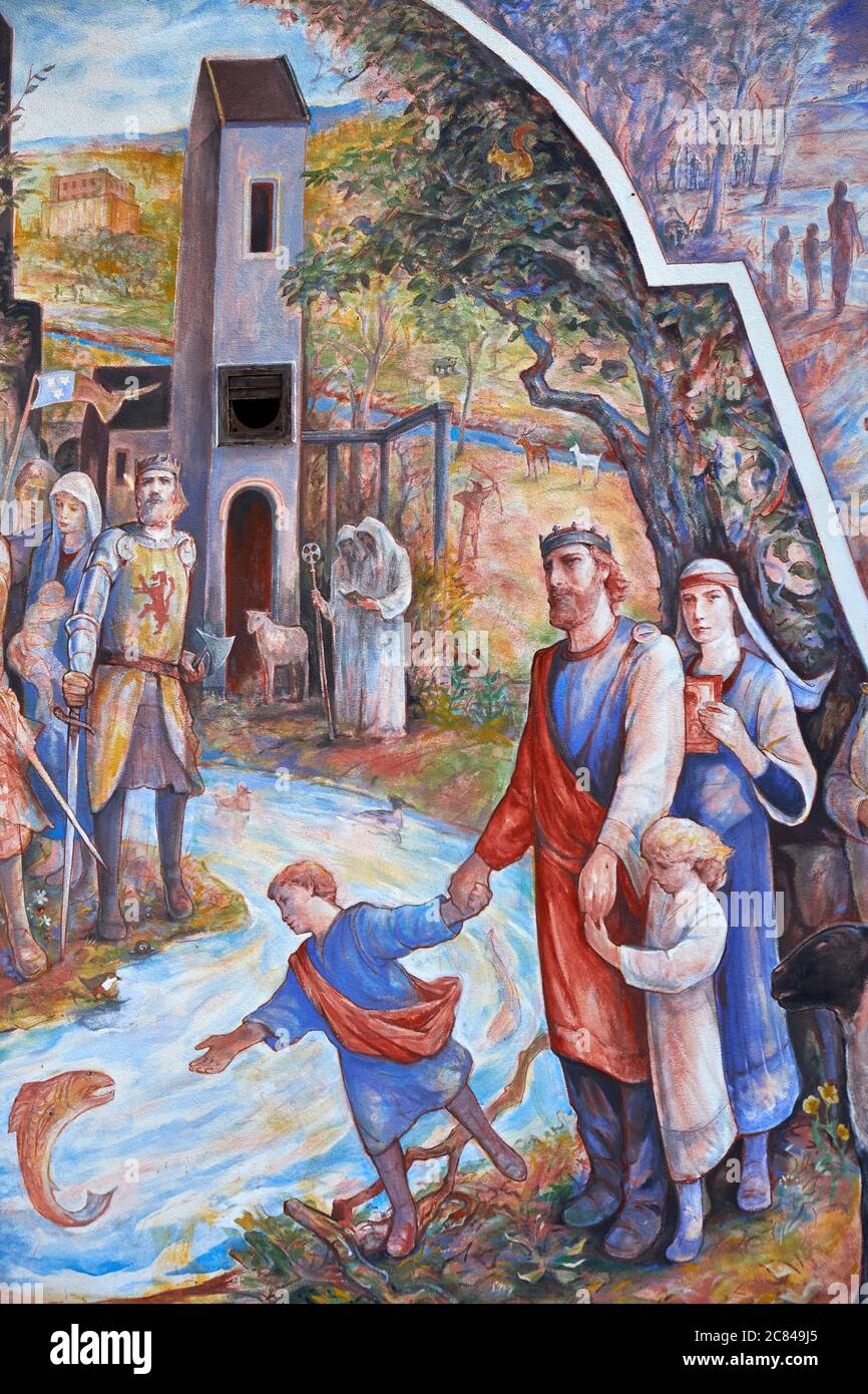 Detail of all mural painted by Michael Jessing portraying the town of Peebles cultural history dating from the year 1200 up to the present day Stock Photo