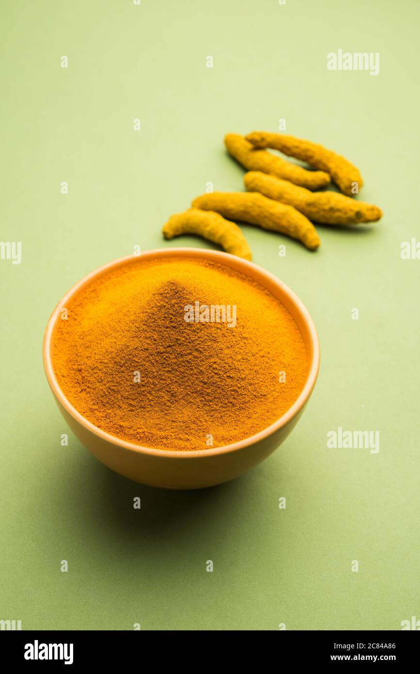 Organic Dry turmeric or Haldi powder also known as curcuma longa linn ...