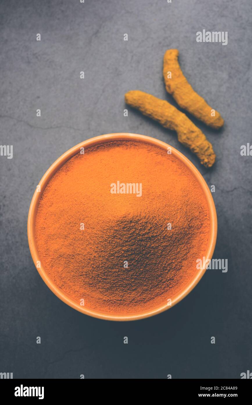 Organic Dry turmeric or Haldi powder also known as curcuma longa linn ...