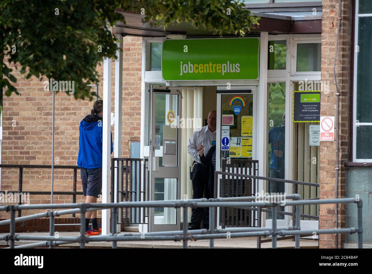 Picture dated July 15th 2020 shows people  outside the job centre in Cambridge.It was announced today the unemployment rate is  2.6 million people.   The number of workers on UK payrolls has fallen by 649,000 between March and June, official figures indicate.  The number of people claiming work-related benefits - including the unemployed - was 2.6 million.  However, the total was not as big as many feared, because large numbers of firms have put employees on the government-backed furlough scheme.  Economists say the full effect on employment will Stock Photo