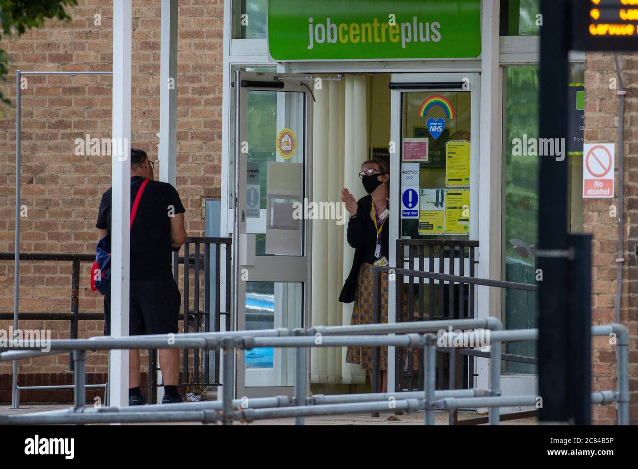 Picture dated July 15th 2020 shows people  outside the job centre in Cambridge.It was announced today the unemployment rate is  2.6 million people.   The number of workers on UK payrolls has fallen by 649,000 between March and June, official figures indicate.  The number of people claiming work-related benefits - including the unemployed - was 2.6 million.  However, the total was not as big as many feared, because large numbers of firms have put employees on the government-backed furlough scheme.  Economists say the full effect on employment will Stock Photo