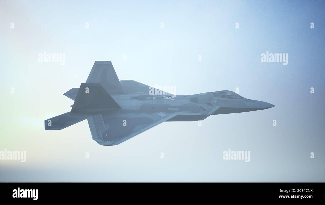 Fighter Jet Aircraft Flying Low Sunrise Sunset 3d illustration 3d render Stock Photo