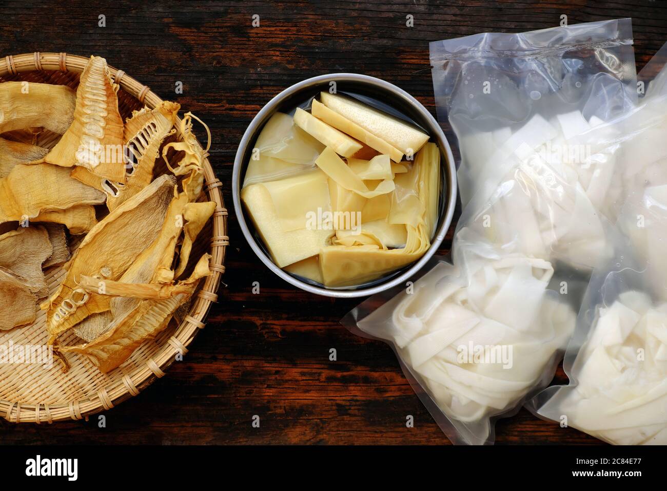 Top view bamboo shoots with three processing are dry, brined, boil to make raw material for many Vietnamese vegan food Stock Photo