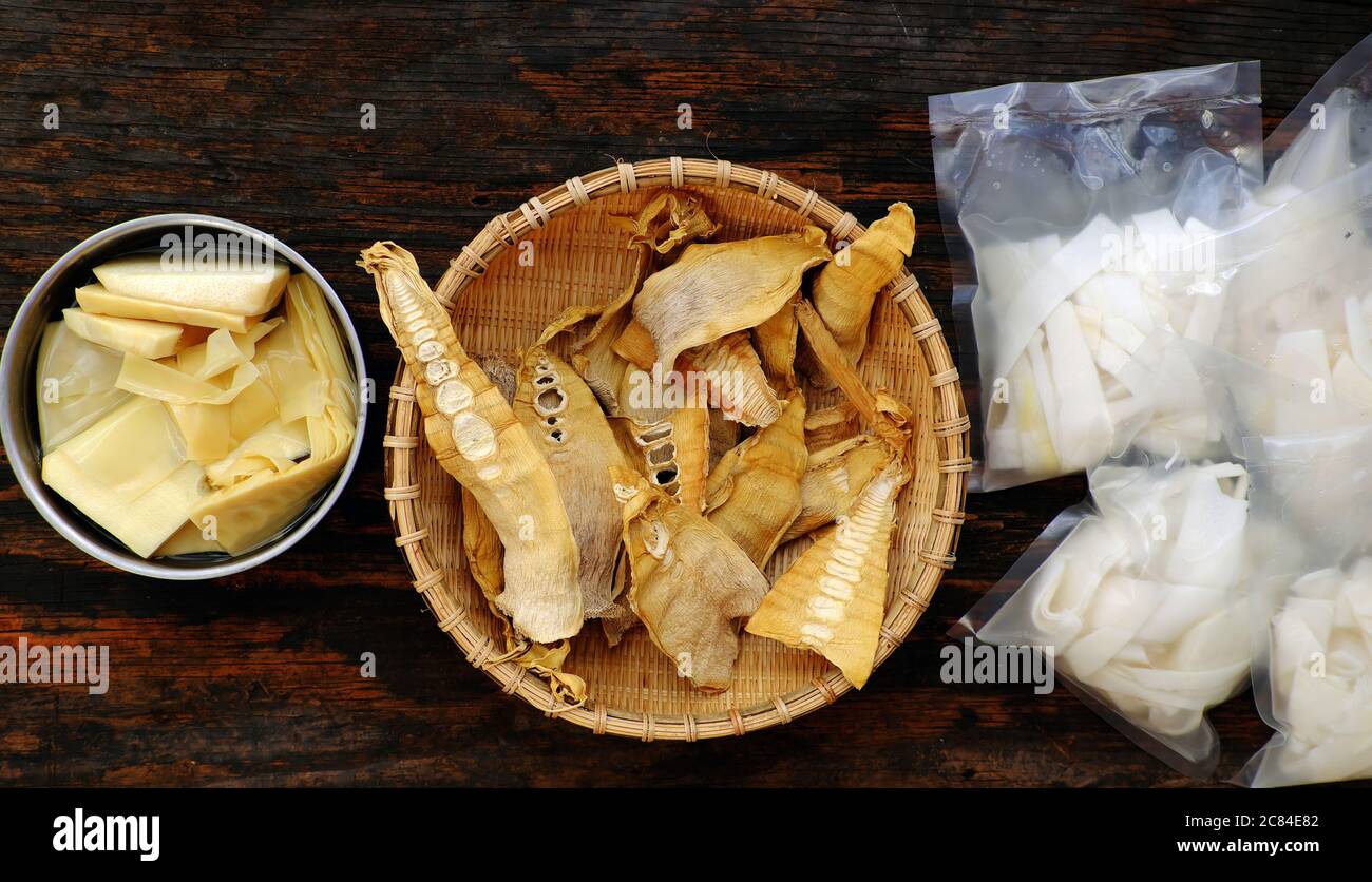 Top view bamboo shoots with three processing are dry, brined, boil to make raw material for many Vietnamese vegan food Stock Photo