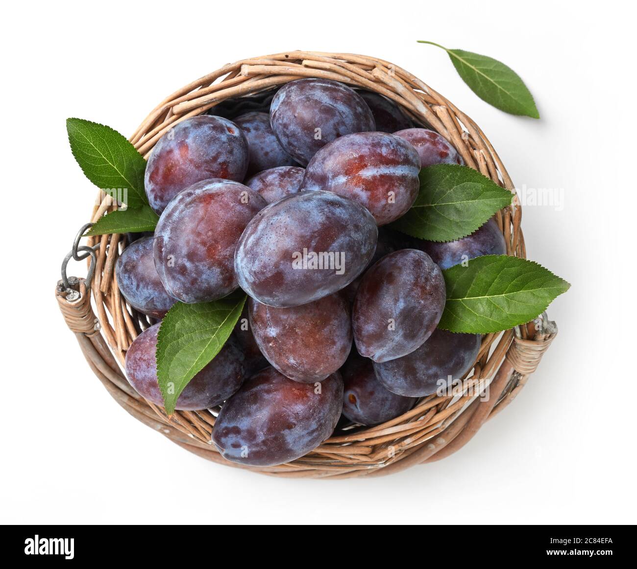 Fresh plums with leaves isolated on white Stock Photo