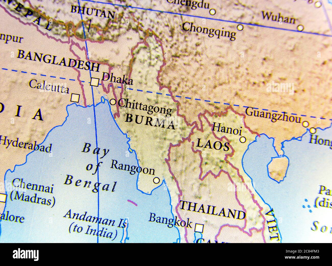 Geographic map of Burma, Bangladesh, and Laos country with important cities Stock Photo