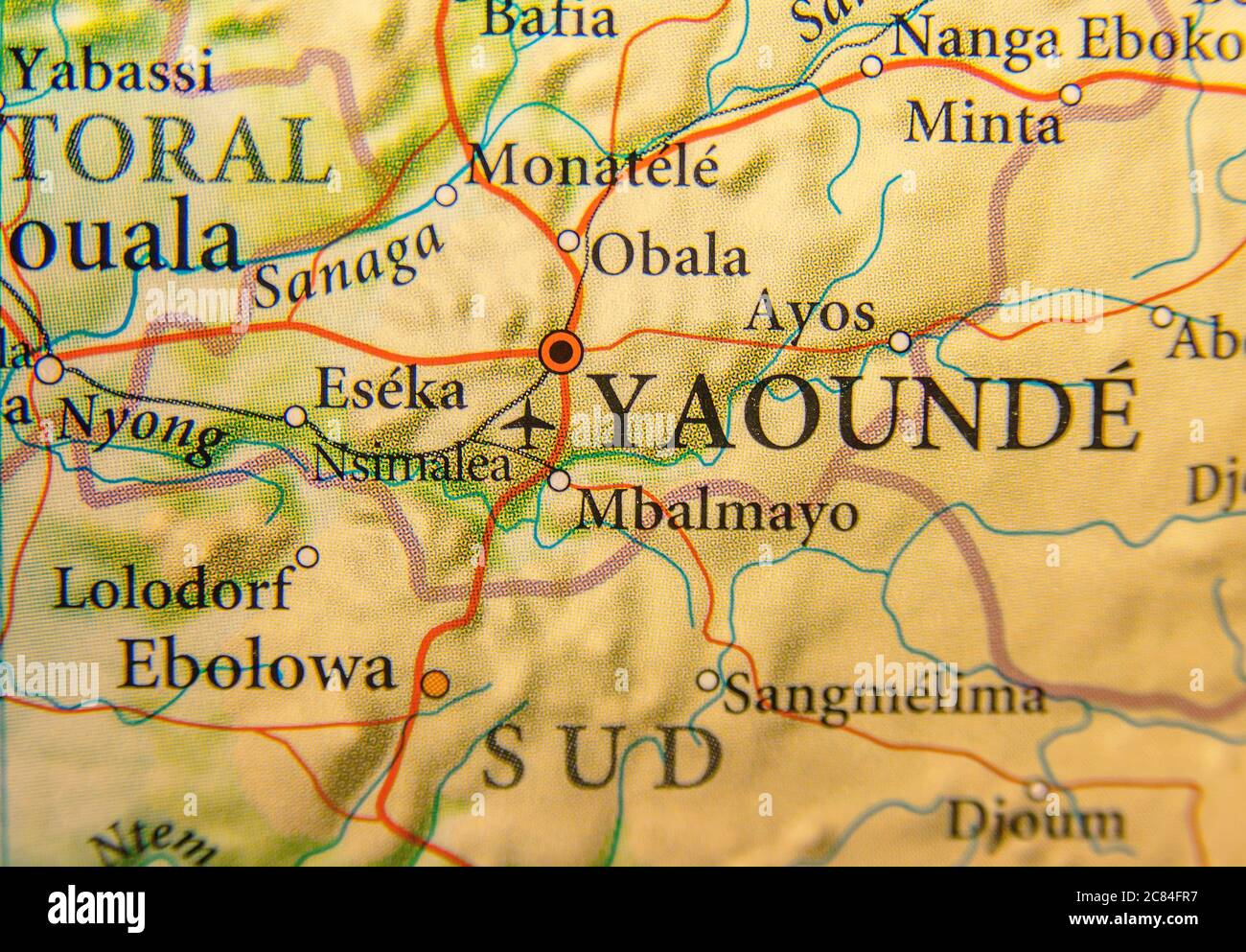 Geographic map of Cameroon with capital city Yaounde Stock Photo