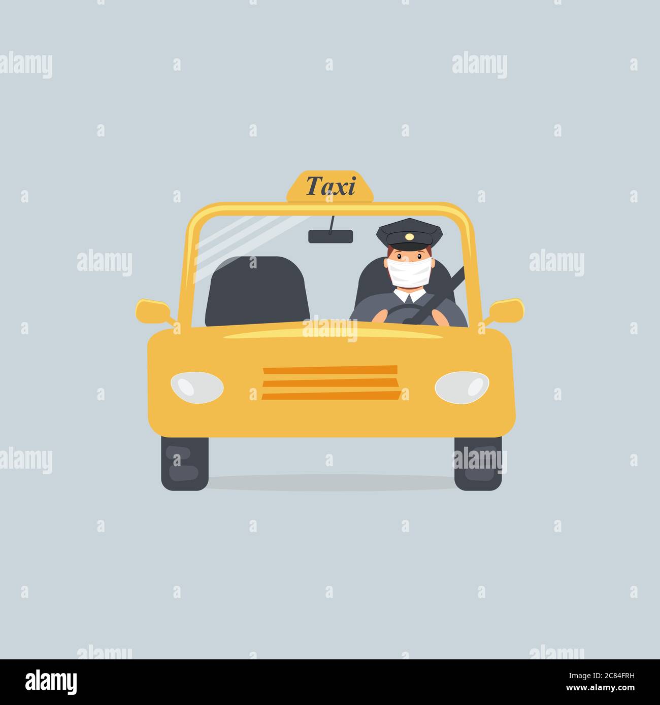 Taxi driver in protective medical mask sitting in front seat in cab seen through windshield. For advertising taxicab services during virus epidemic Stock Vector