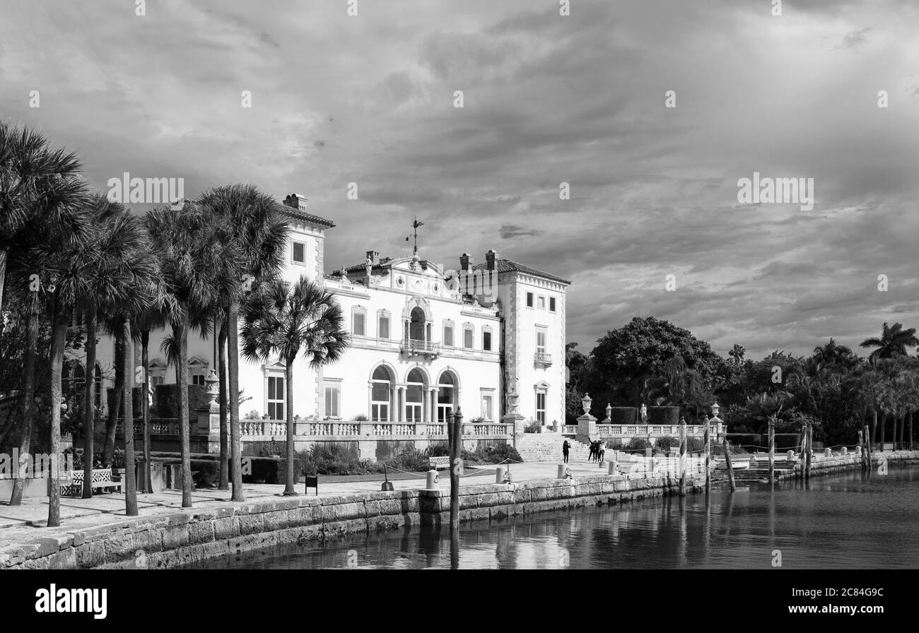 Black and white photo of old mansion facade in Florida Stock Photo