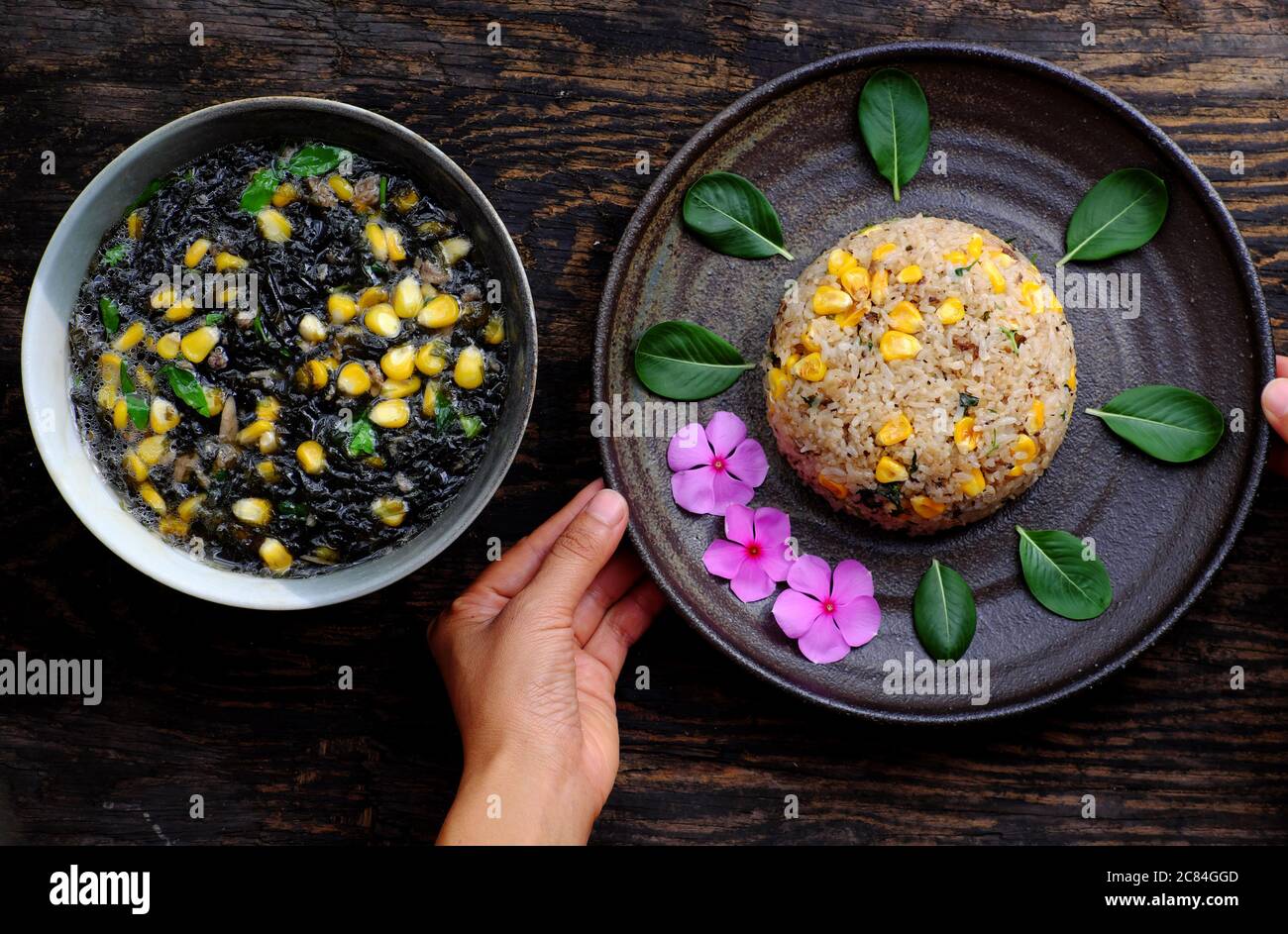 Top view vegetarian meal for lunch, fried rice dish and vegan seaweed