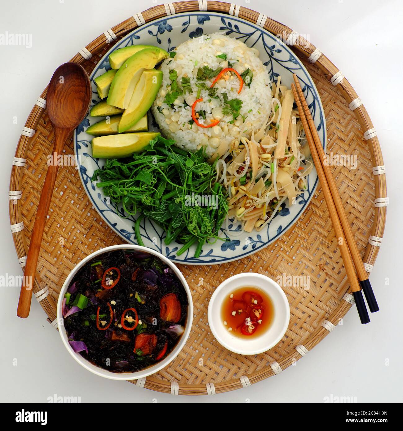 Vietnamese family meal for lunch with vegetarian food, boiled