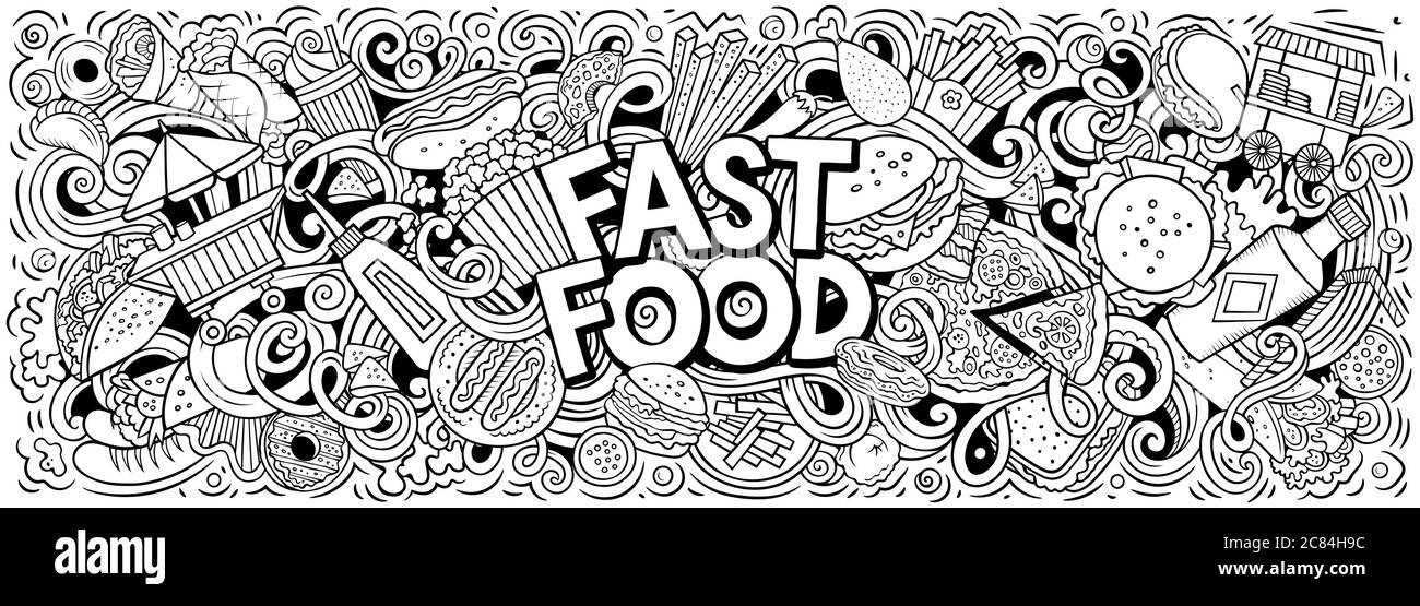 Fastfood hand drawn cartoon doodles illustration. Colorful vector ...