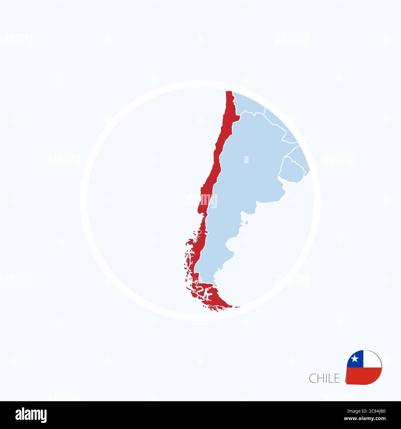 Map icon of Chile. Blue map of America with highlighted Chile in red color. Vector Illustration. Stock Vector