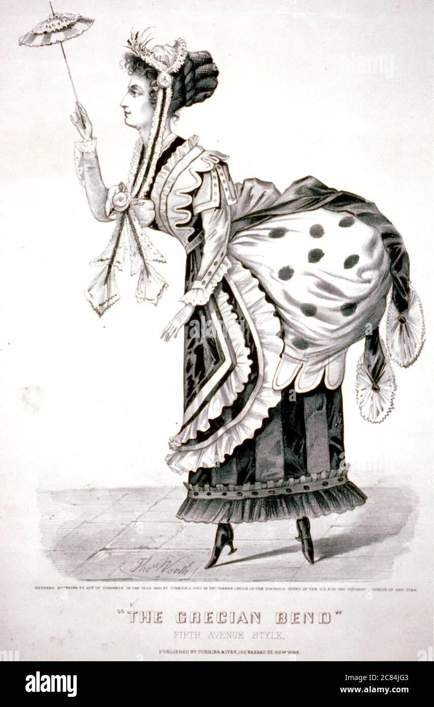 GRECIAN BEND FIFTH AVENUE STYLE  A Currier & Ives American lithograph cartoon of a fashion of the period Stock Photo