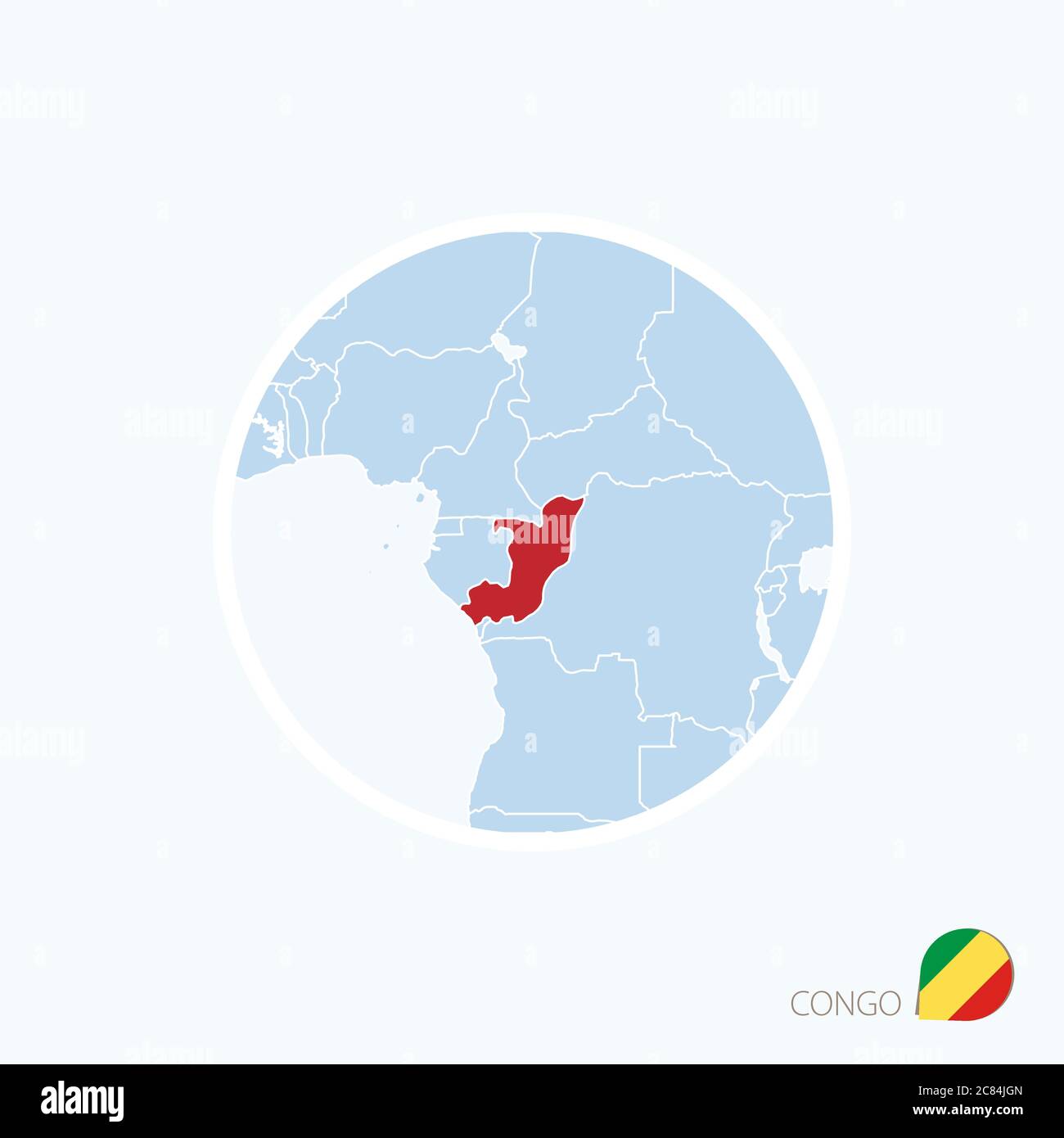 Map icon of Congo. Blue map of Africa with highlighted Congo in red color. Vector Illustration. Stock Vector