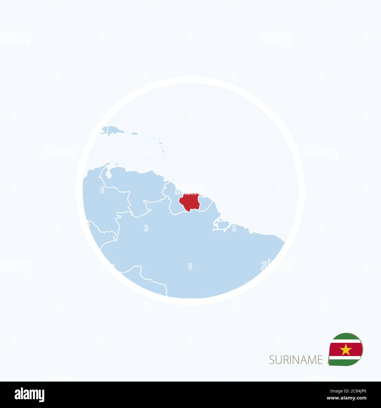 Map icon of Suriname. Blue map of South America with highlighted Suriname in red color. Vector Illustration. Stock Vector