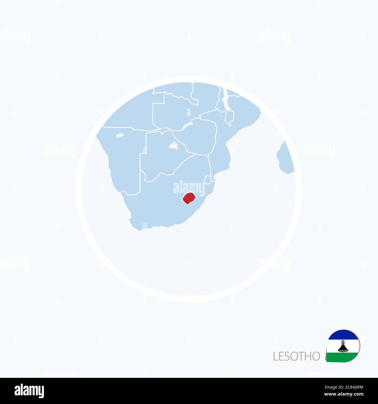Map icon of Lesotho. Blue map of Southern Africa with highlighted Lesotho in red color. Vector Illustration. Stock Vector