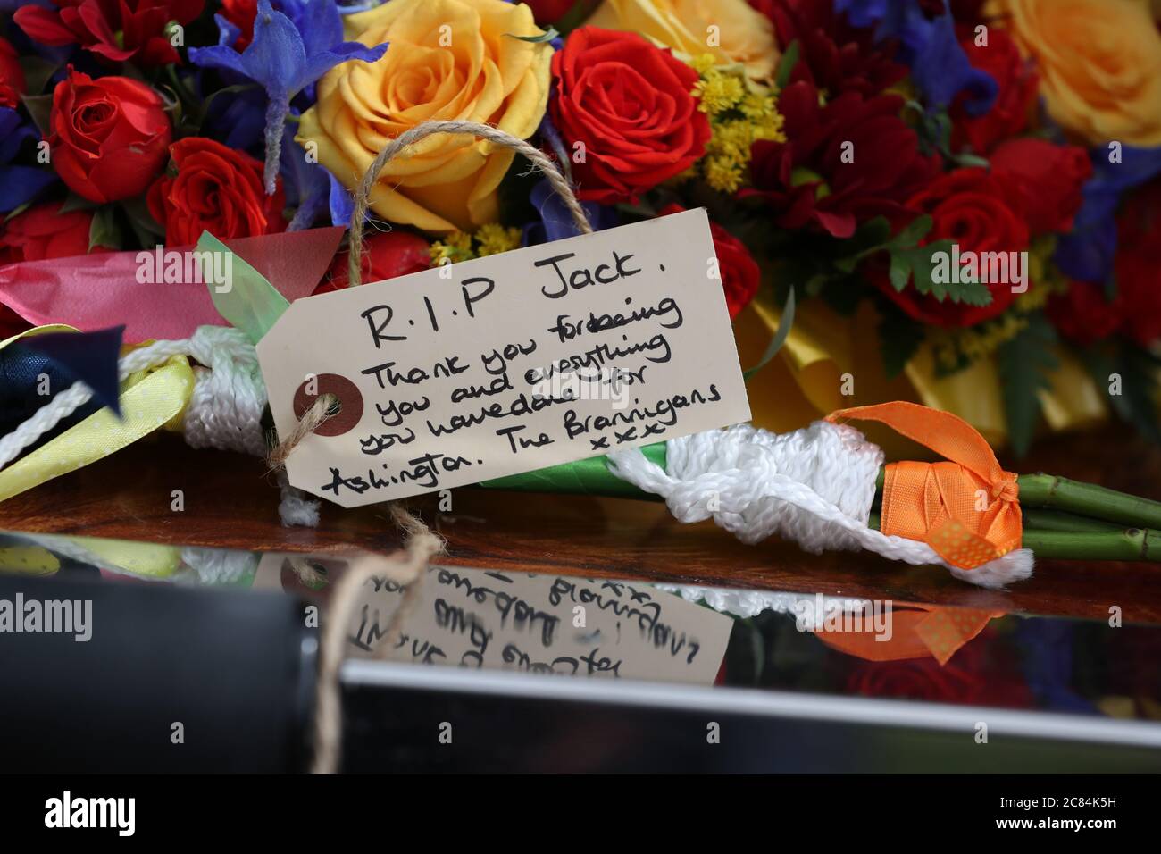 Floral tributes for Jack Charlton outside West Road Crematorium, in Newcastle before his funeral. The former Republic of Ireland manager, who won the World Cup playing for England, died on July 10 aged 85. Stock Photo